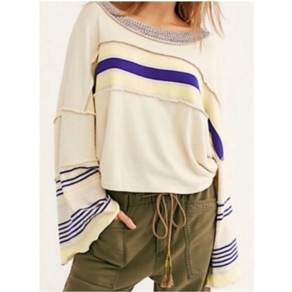 Free People Extra Soft Cooper Boxy Top Striped in Oatmeal Beige Bell Sleeves